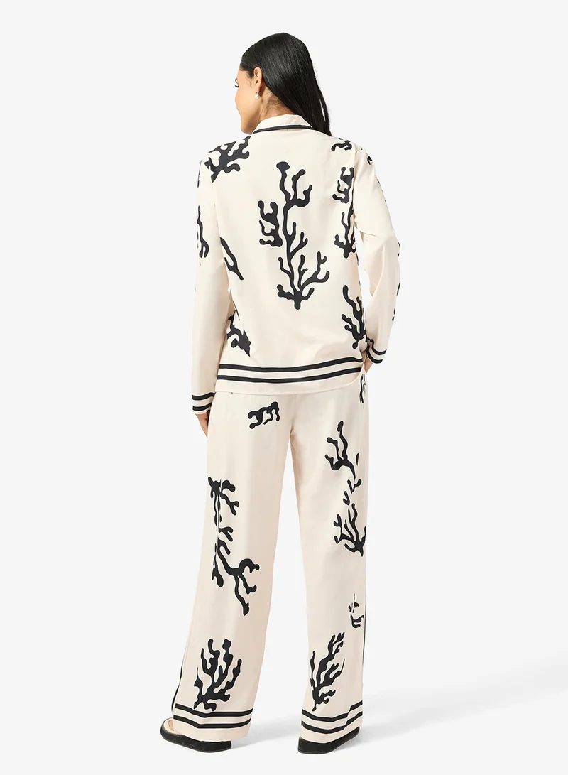 جينجر Oversize Satin Floral Print Shirt & Pant Coord Set